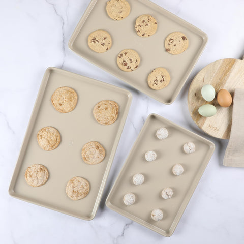 Martha Stewart Gallen sheet pan in oven with cookies for even browning