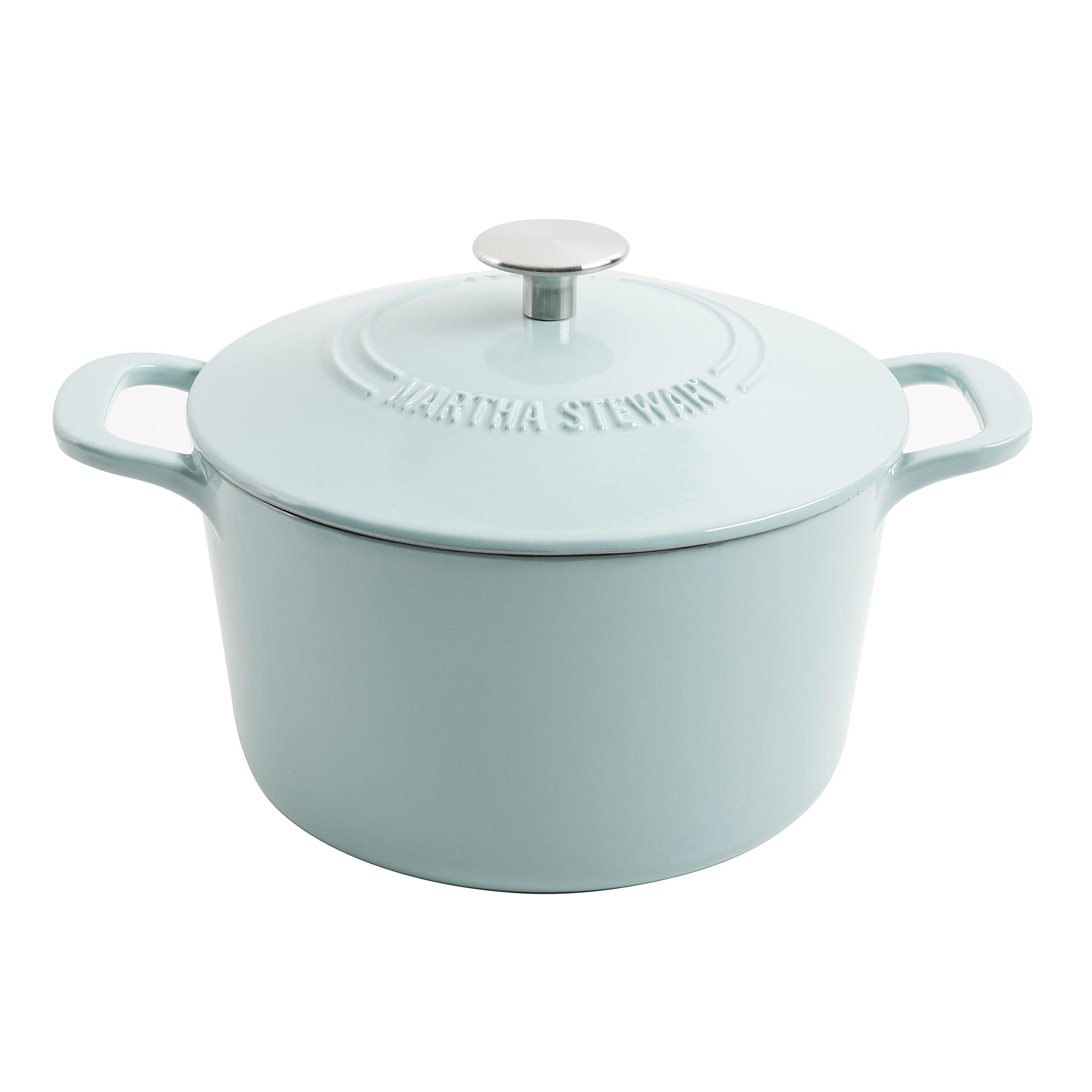 Martha Stewart front view of Dutch oven showing Martha Blue finish and versatile use