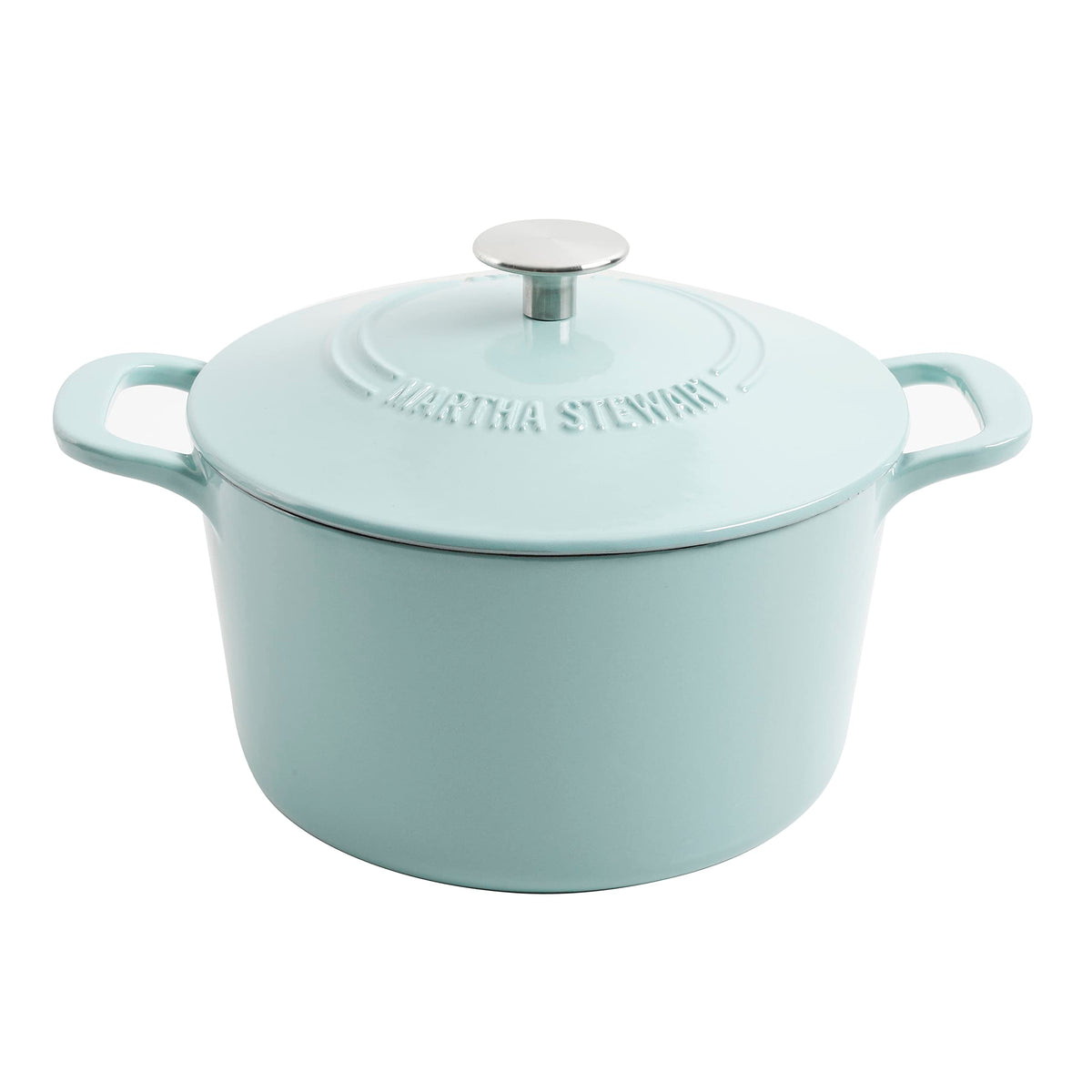 Martha Stewart front view of Dutch oven showing Martha Blue finish and versatile use