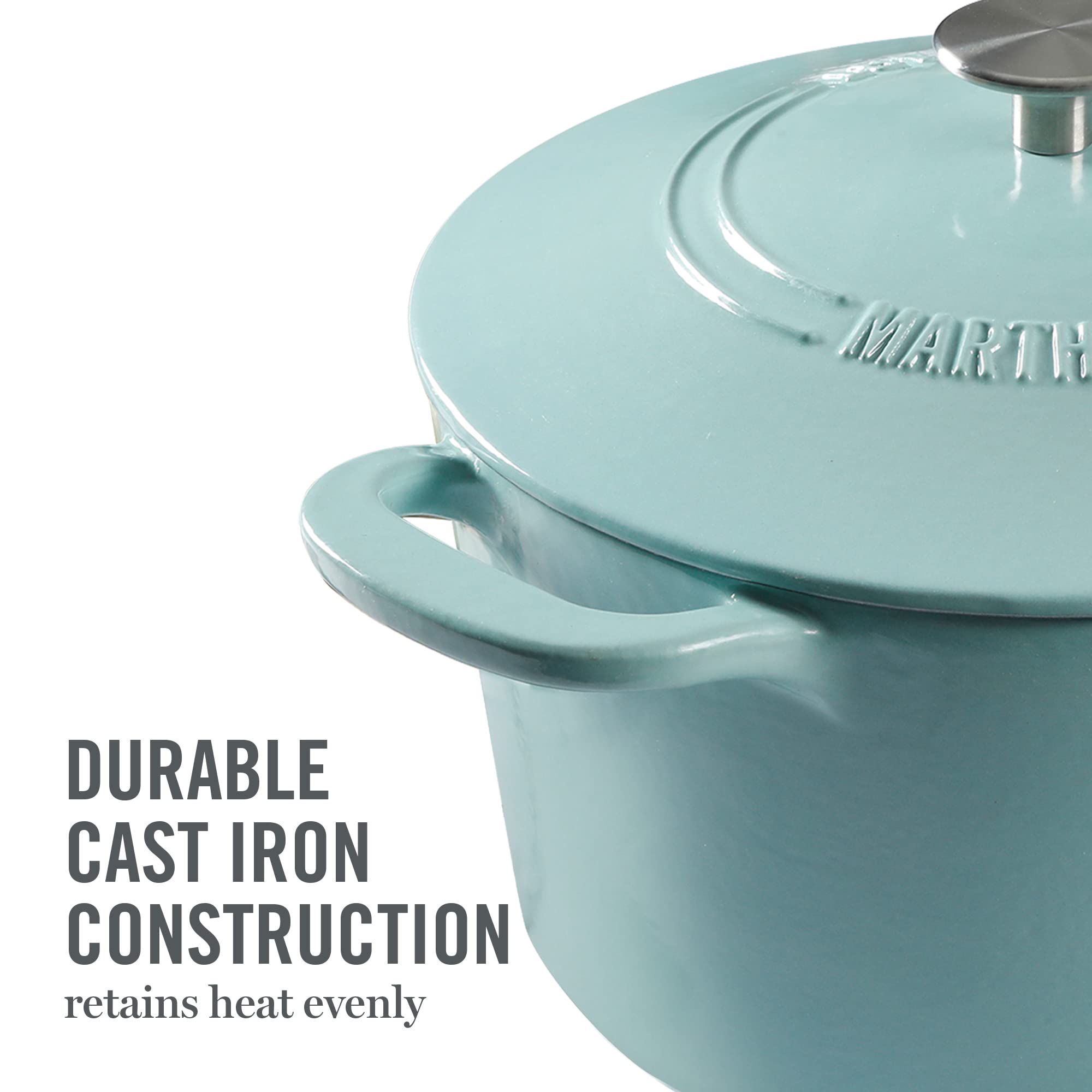Martha Stewart Dutch oven on table styled for serving, enhancing presentation quality
