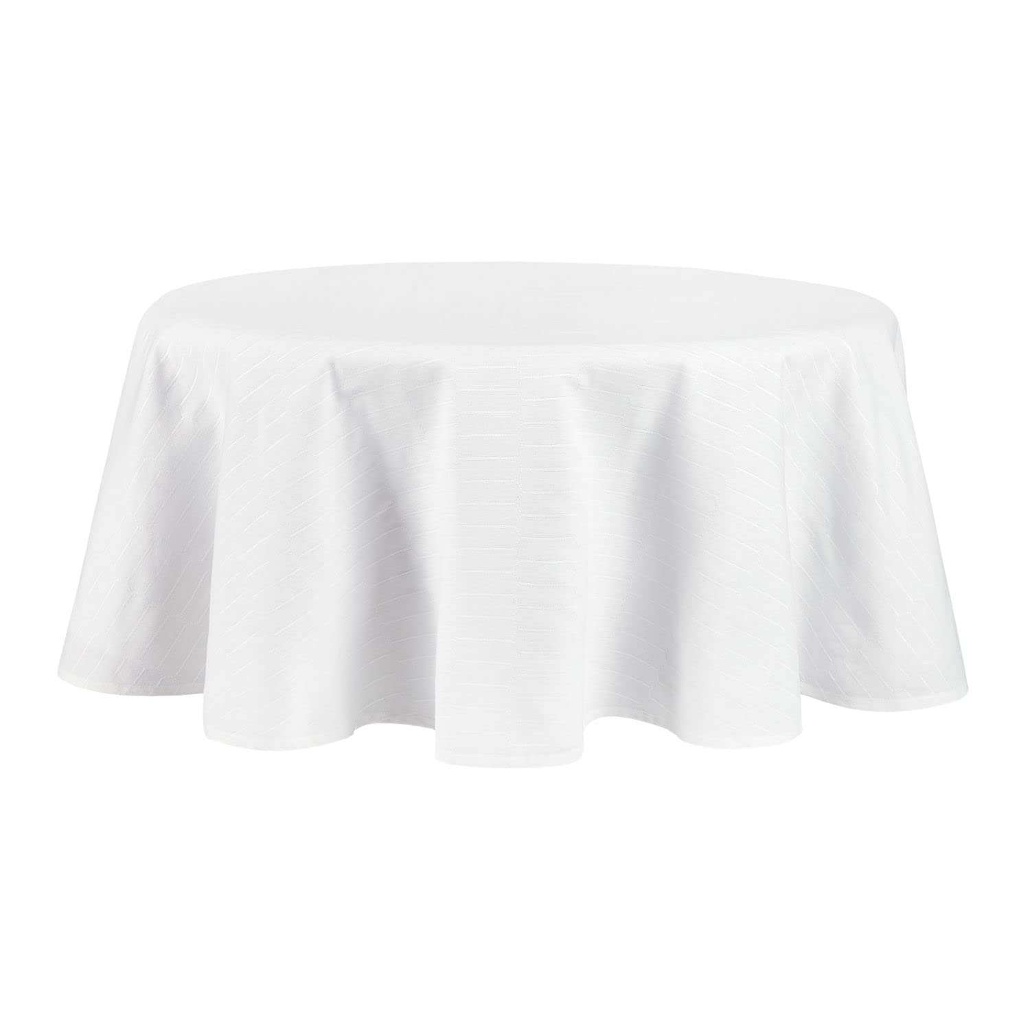 Martha Stewart front view of white honeycomb tablecloth showcasing finished edge and pattern benefit: polished tablescape
