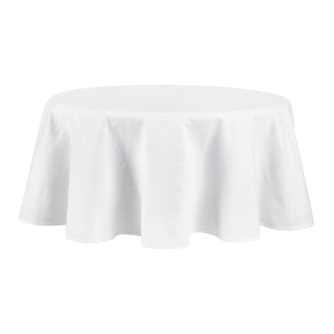 Martha Stewart front view of white honeycomb tablecloth showcasing finished edge and pattern benefit: polished tablescape