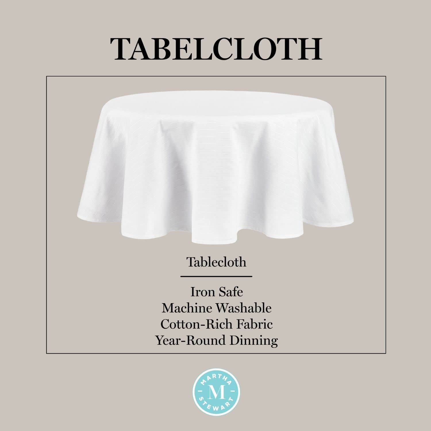 Martha Stewart drop and scale on 70 inch round table demonstrating fit benefit: correct sizing guidance