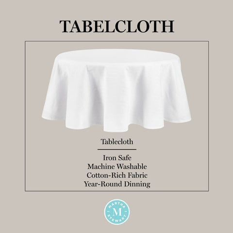 Martha Stewart drop and scale on 70 inch round table demonstrating fit benefit: correct sizing guidance