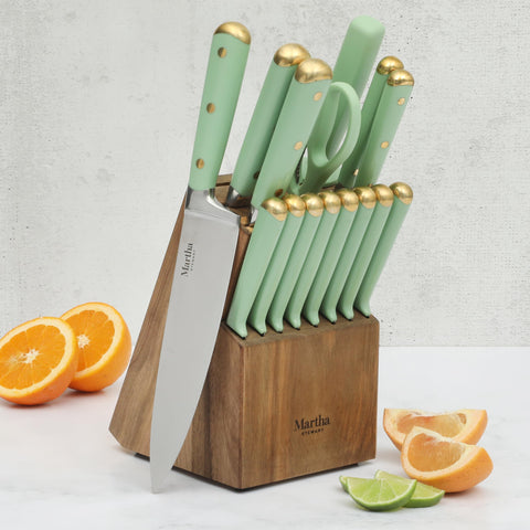 Martha Stewart close-up of high-carbon stainless blade edge highlighting long-lasting sharpness benefit