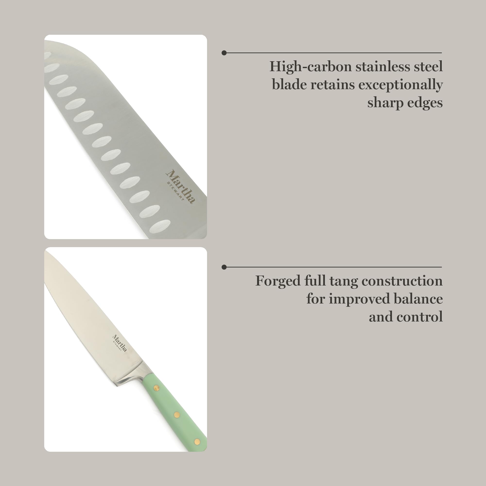 Martha Stewart chef knife in use chopping vegetables showing precise cutting performance
