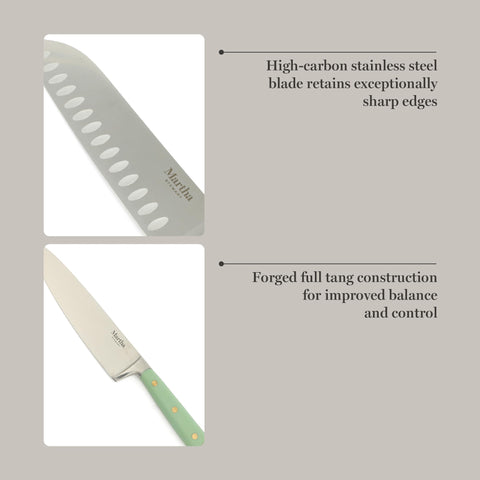 Martha Stewart chef knife in use chopping vegetables showing precise cutting performance