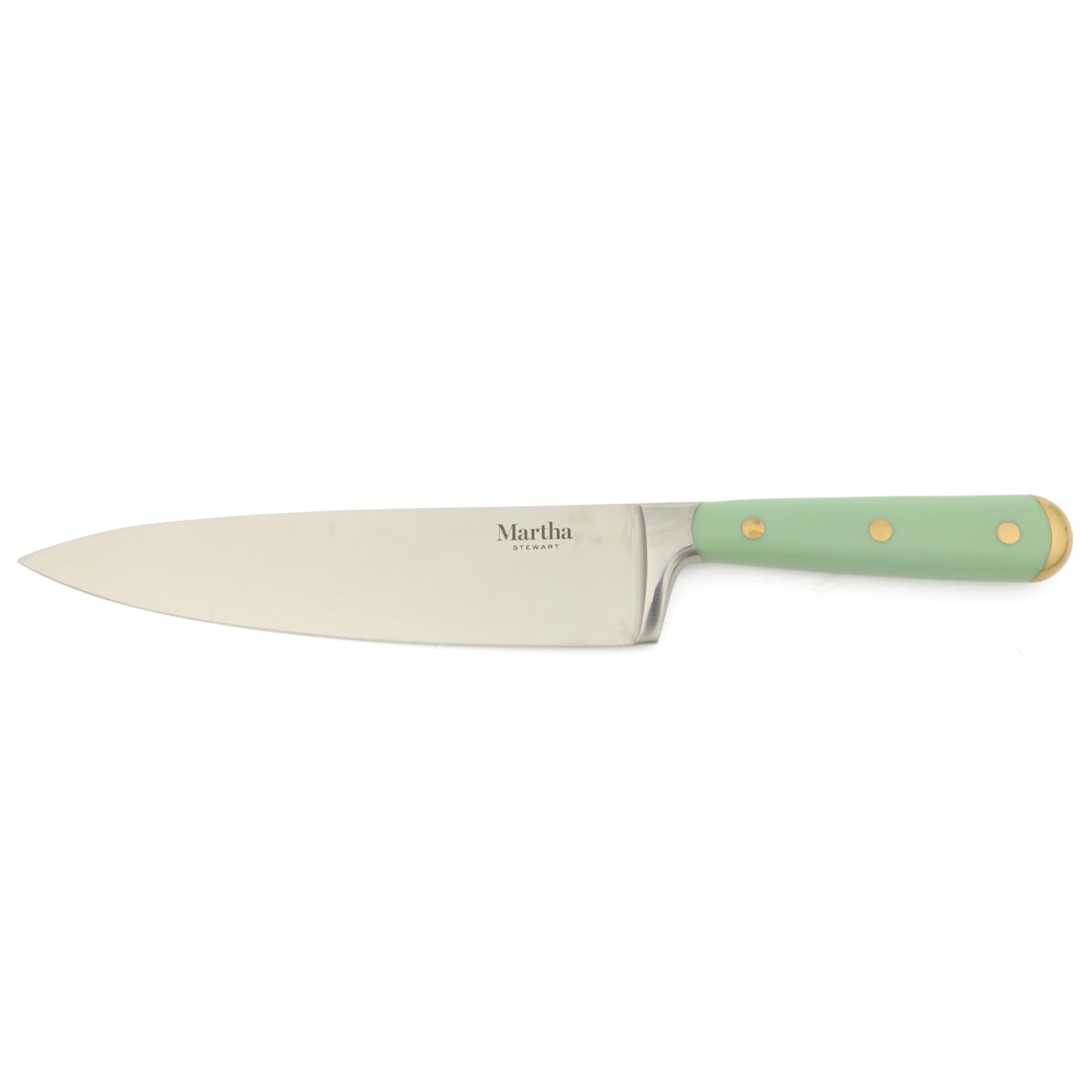 Martha Stewart 8-inch chef knife beside measuring ruler showing scale and balanced full-tang construction