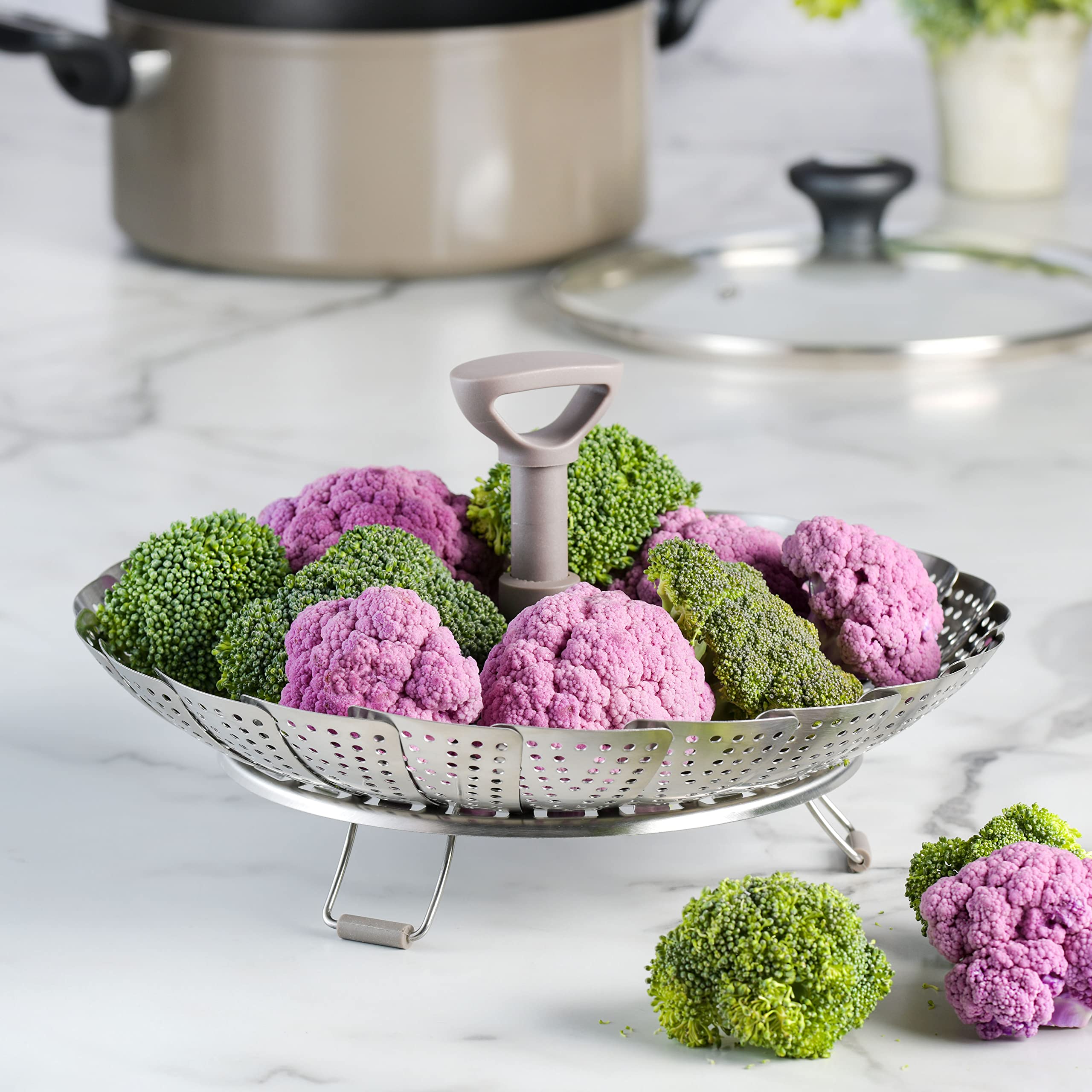 Martha Stewart steamer inside pot steaming vegetables and fish evenly