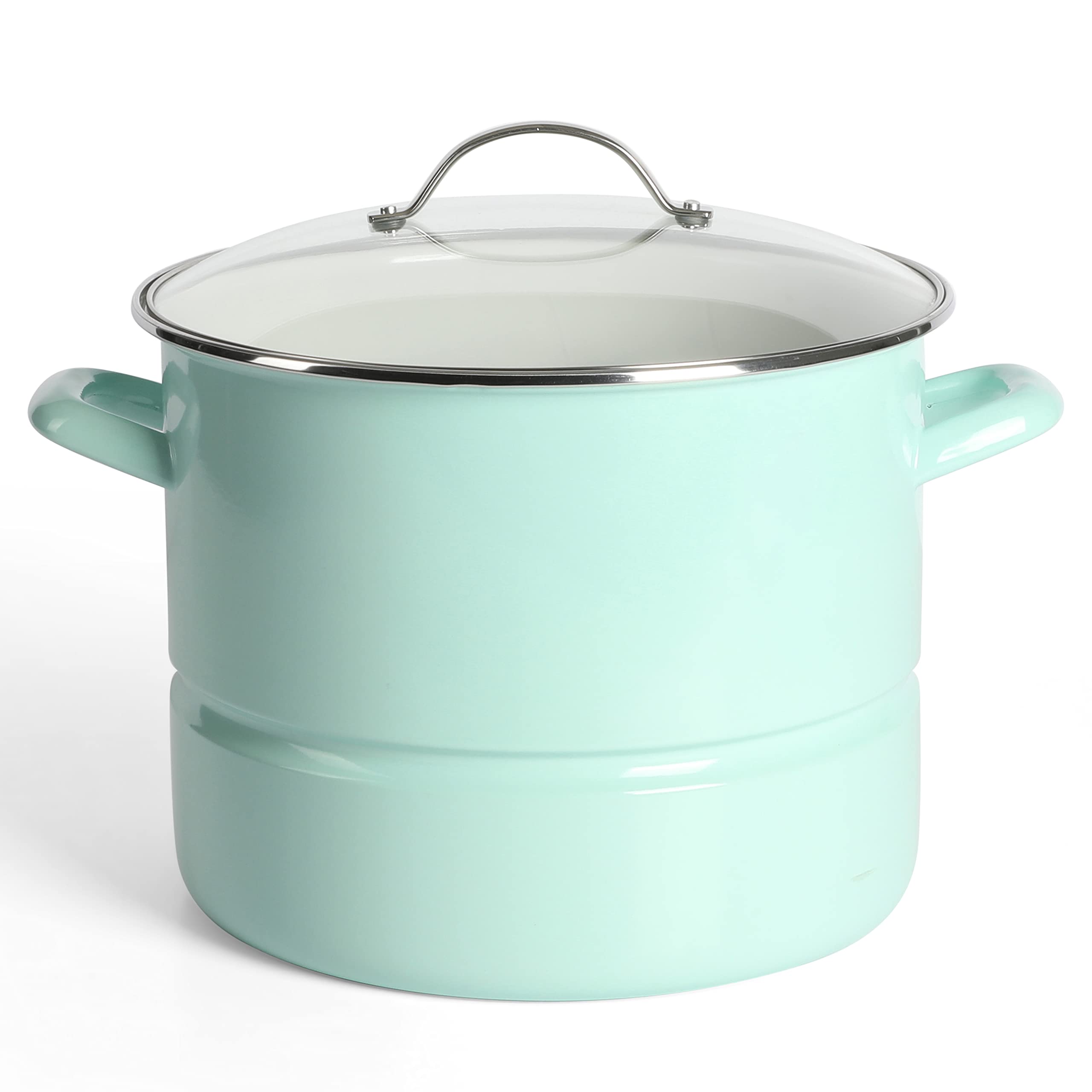 Martha Stewart front view of Martha Blue stock pot showing capacity and clean finish