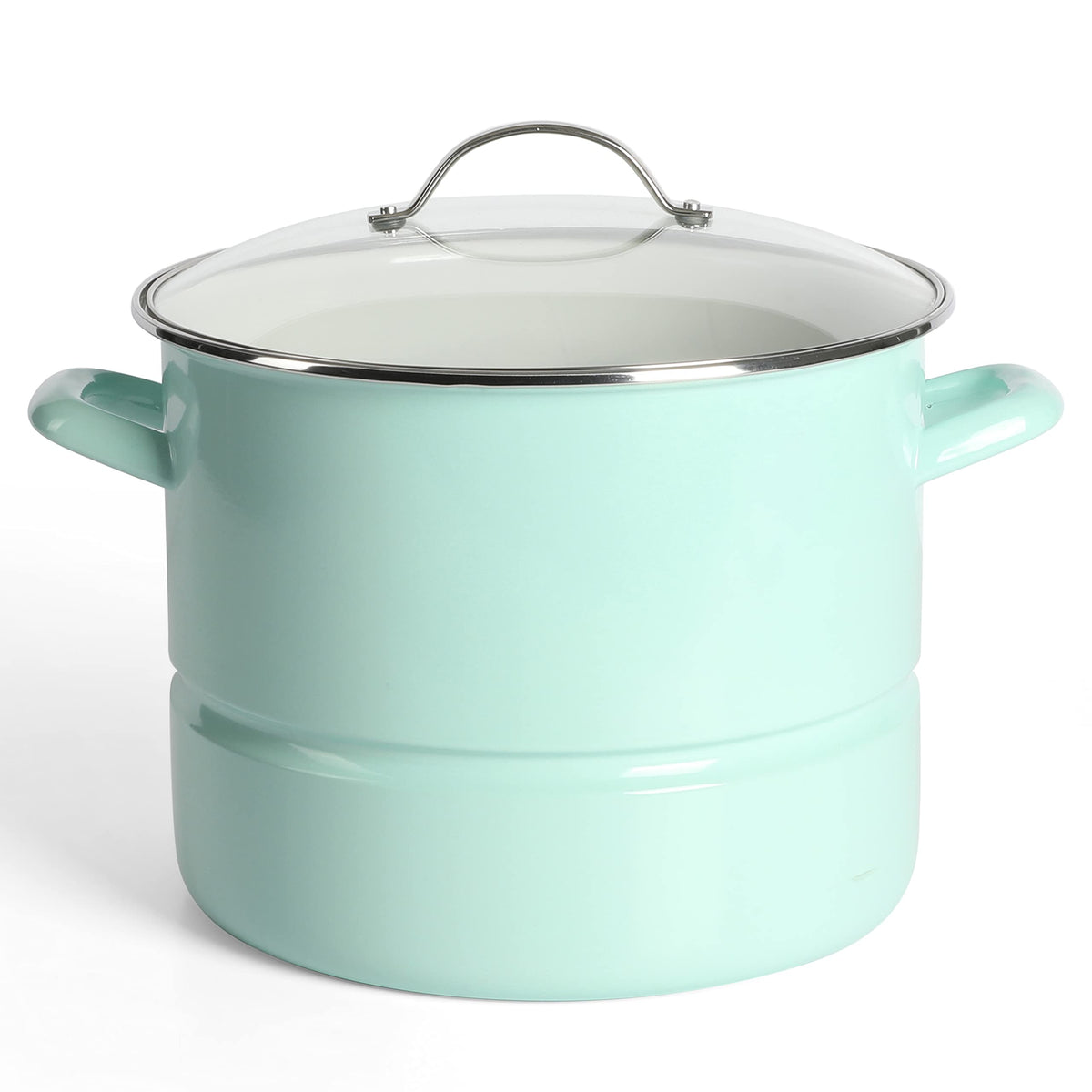 Martha Stewart front view of Martha Blue stock pot showing capacity and clean finish