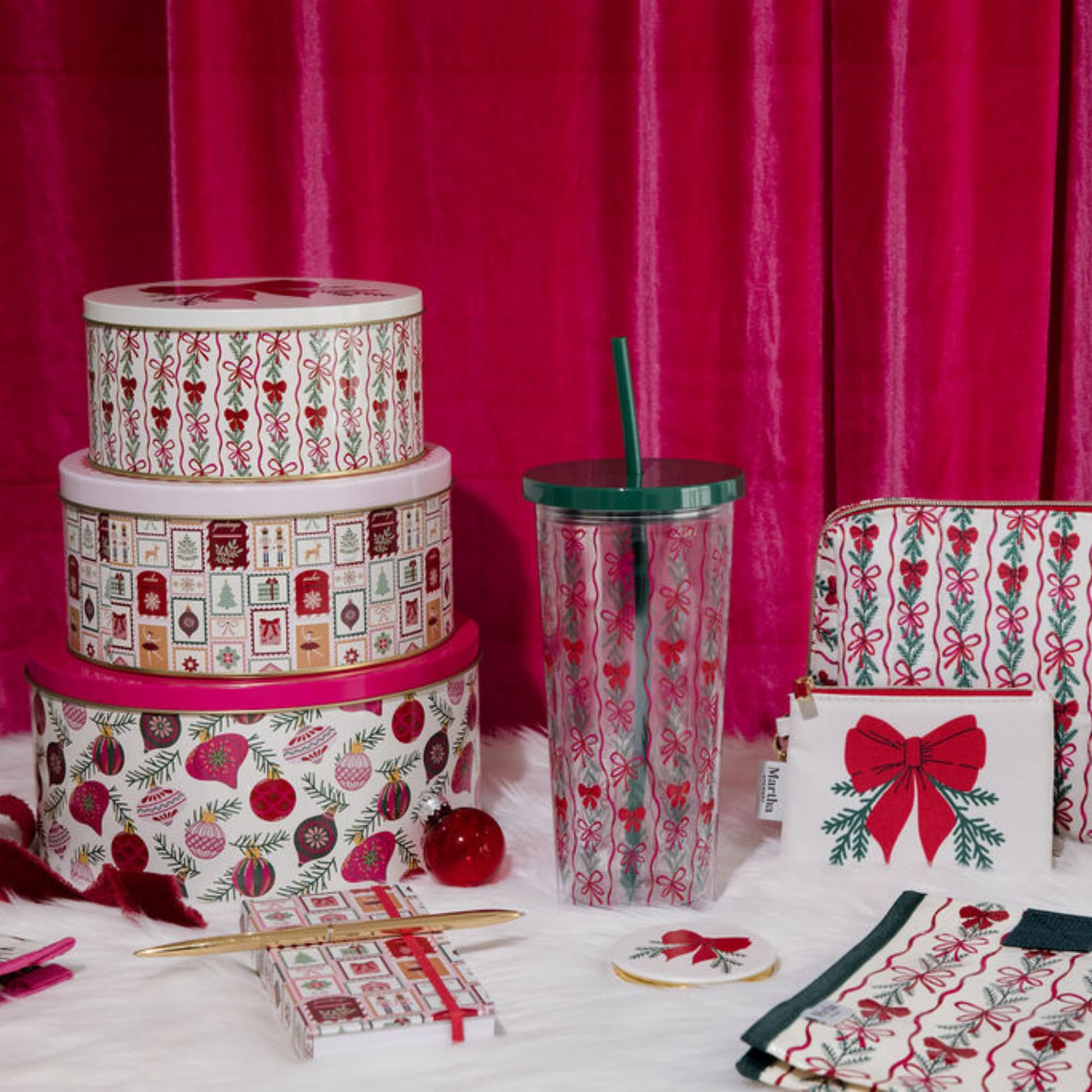 Martha Stewart tins displayed on kitchen shelf showing decorative storage in use