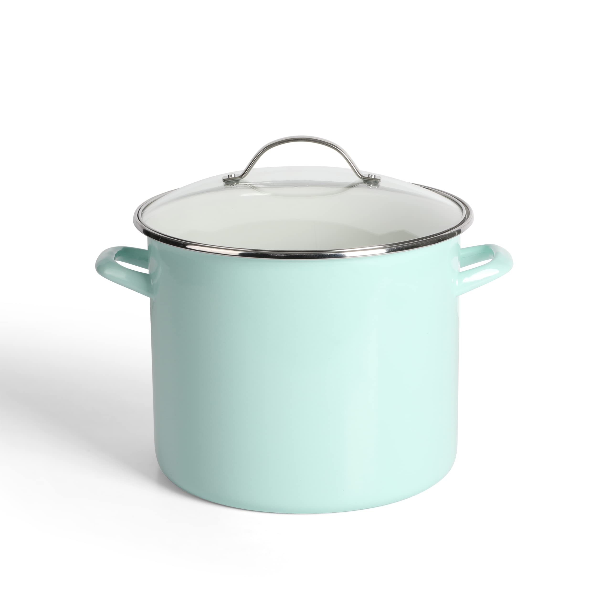 Martha Stewart front view of Martha Blue pot showing glossy enamel and elegant finish, enhances presentation