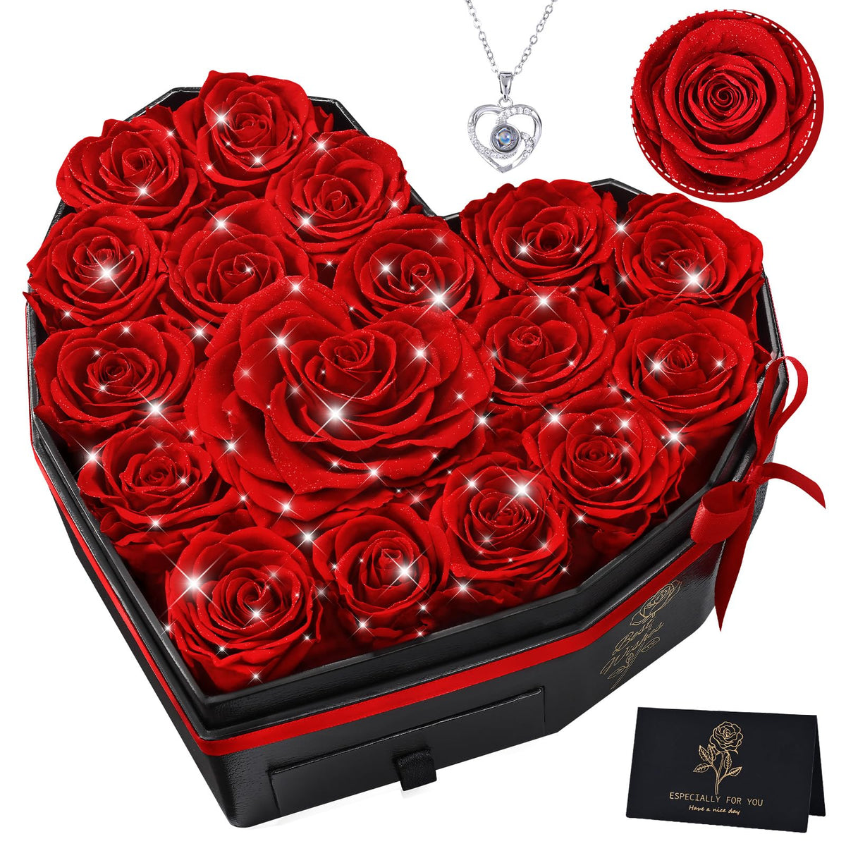 MARTINE MALL diamond heart box front view showing 17 preserved roses and glittered finish for elegant display