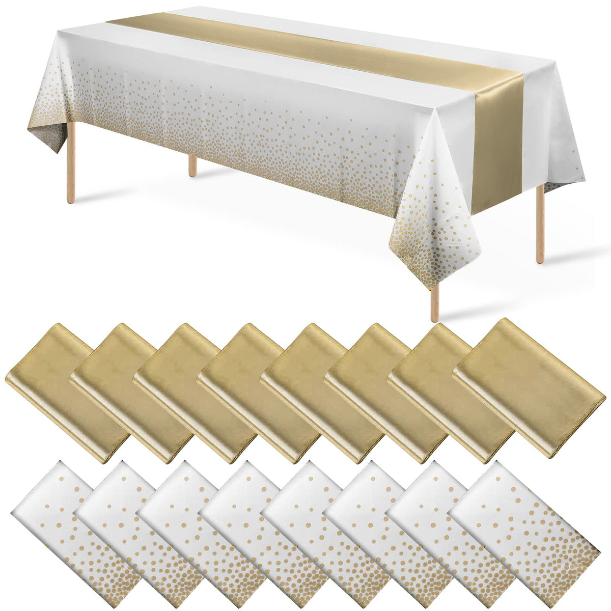 MASHAN front packaging showing white gold dot tablecloths for quick setup