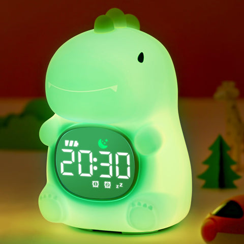 MASHI dinosaur front view showing sleep-trainer icons and friendly design benefit reassurance