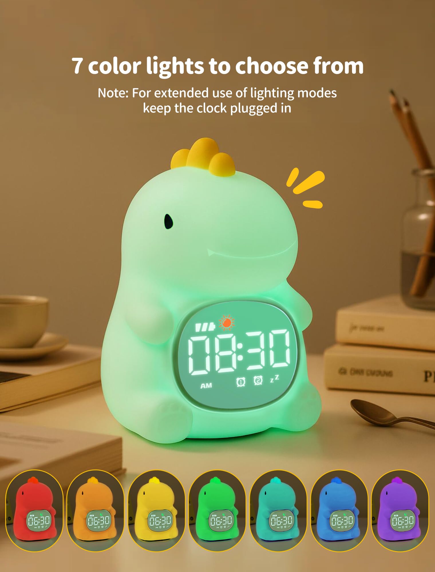 MASHI dinosaur on a child's nightstand creating calming bedroom ambiance benefit