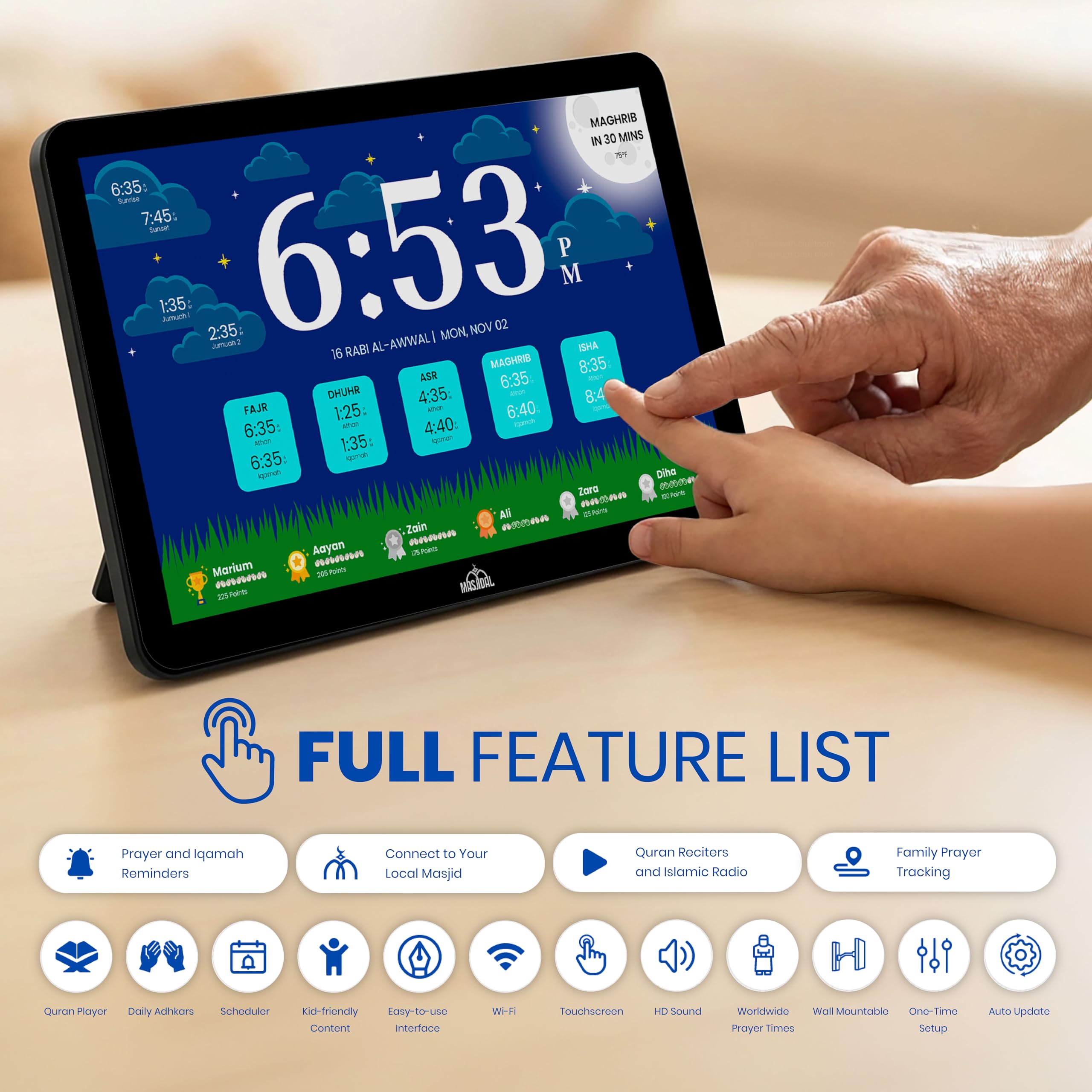 Masjidal screen playing Quran recitation with bookmark feature for daily listening