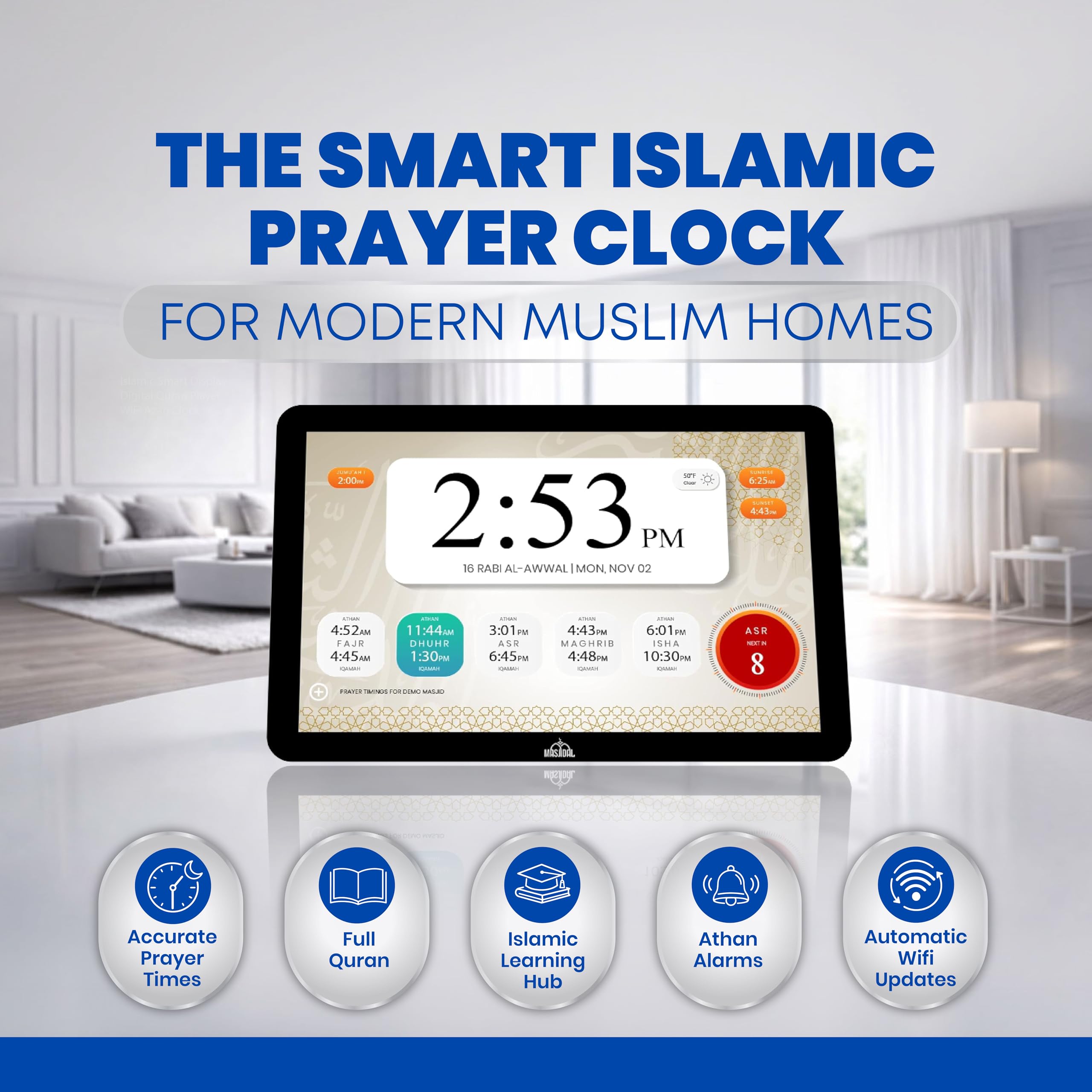 Masjidal touchscreen displaying Islamic artwork and easy navigation for visual appeal