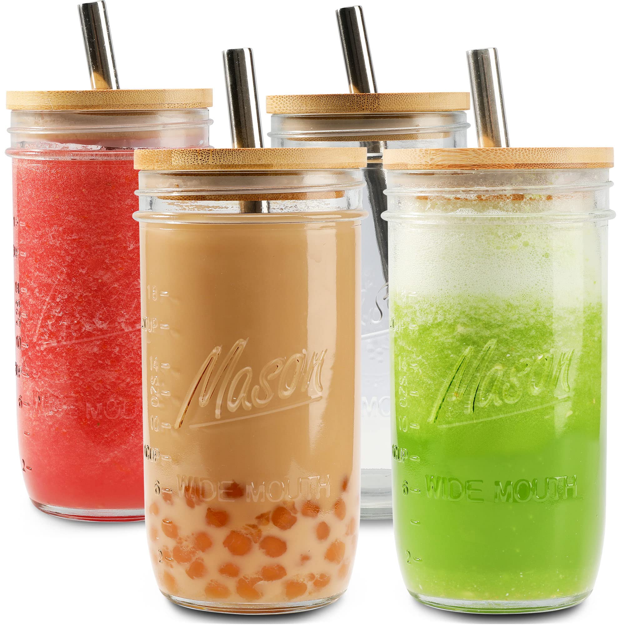 Mason front view four pack showing jars and bamboo lids for reusable drinks