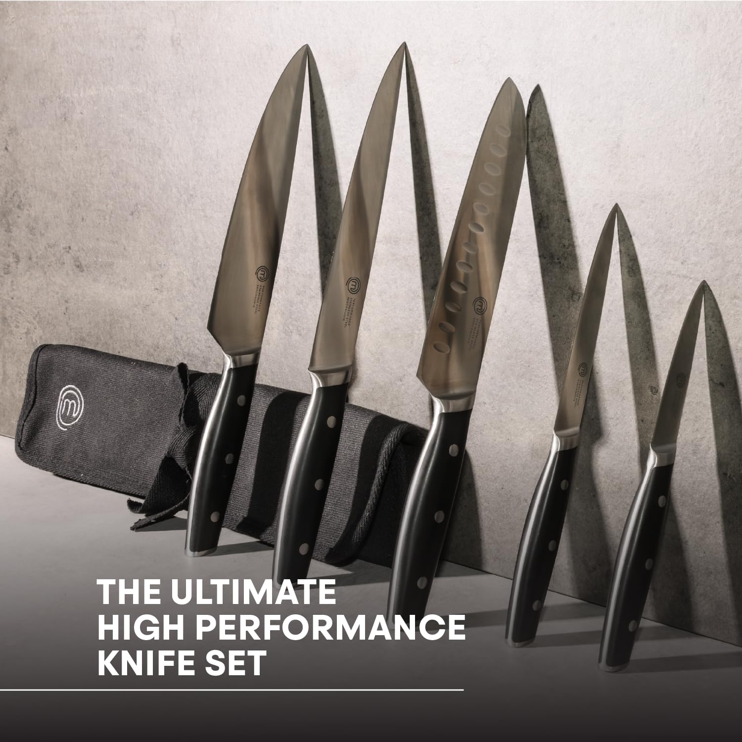 MasterChef blade close-up showing high carbon stainless steel edge for precise, long-lasting cuts