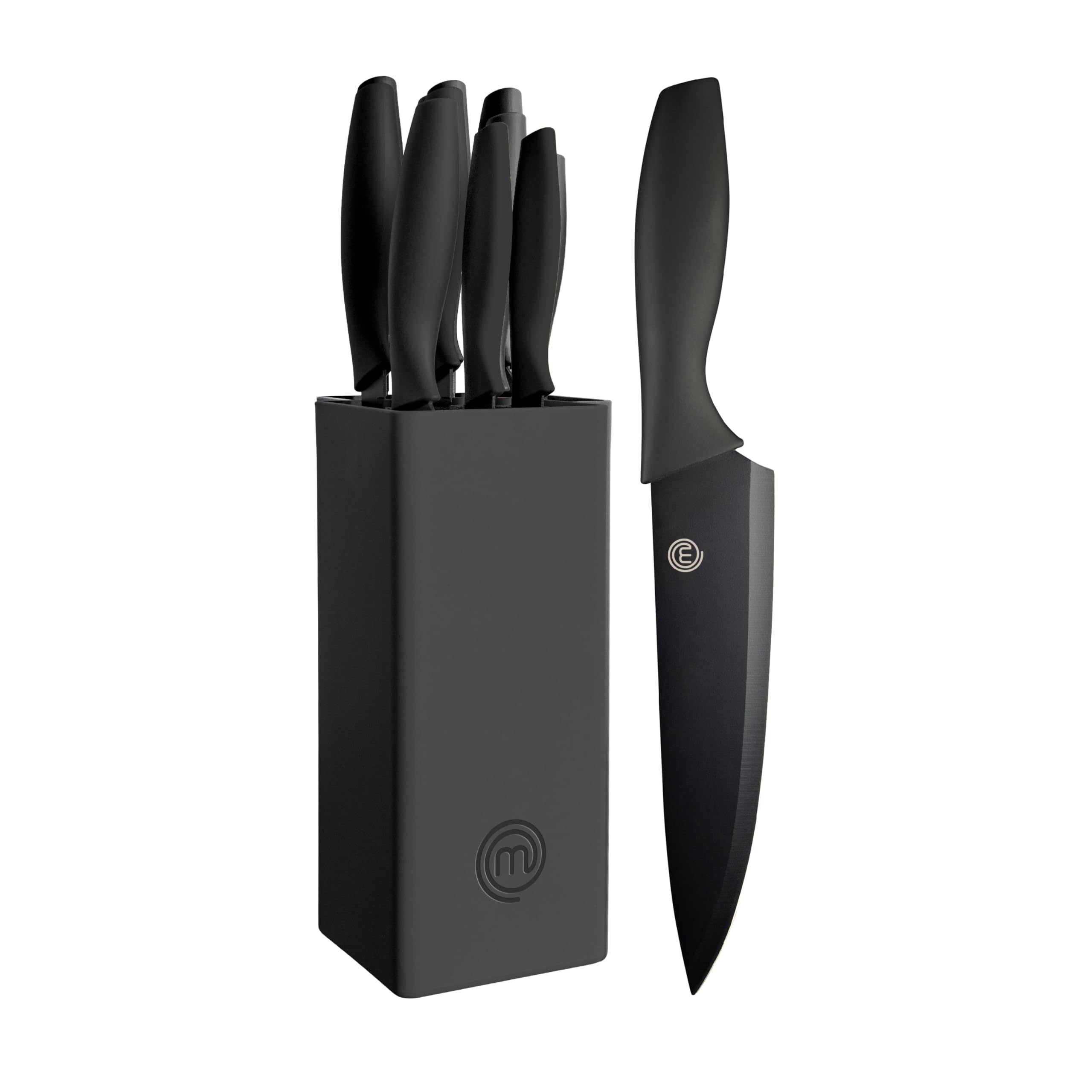 MasterChef front view of knife set and block showing professional styling and organized storage