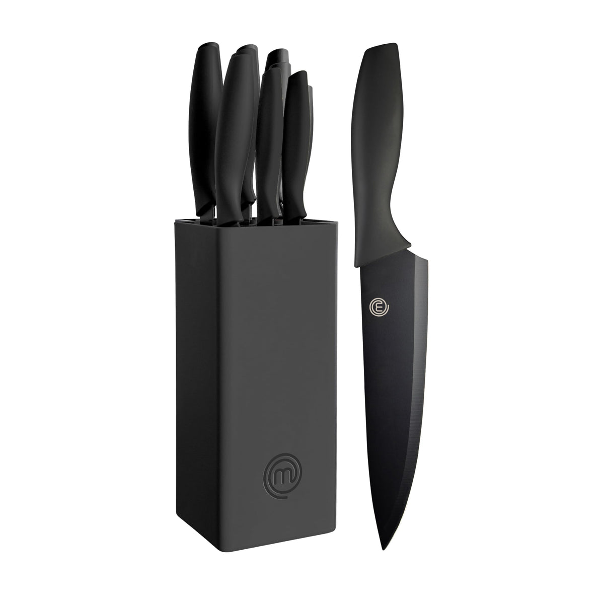 MasterChef front view of knife set and block showing professional styling and organized storage