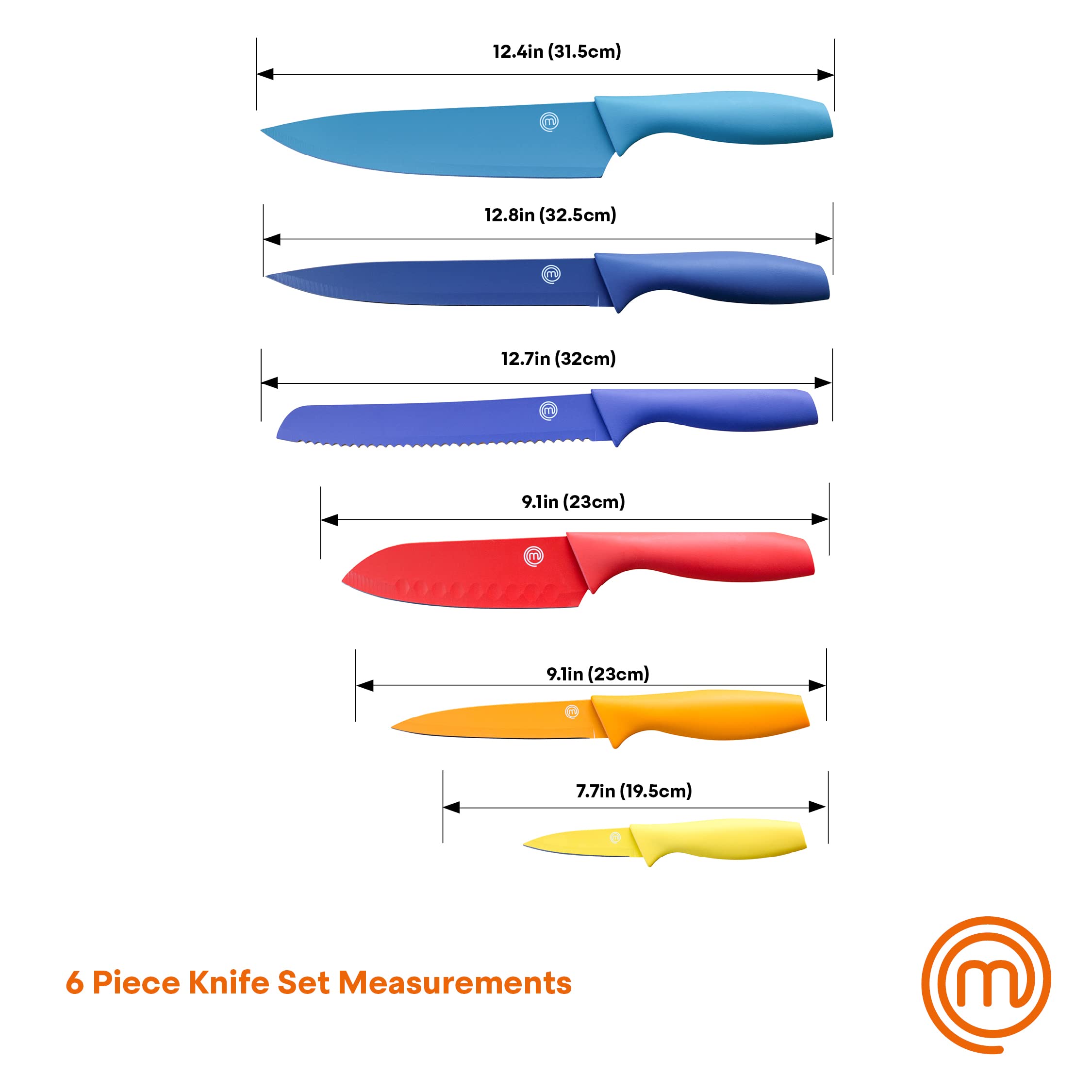 MasterChef knives placed on cutting board showing relative size and versatility