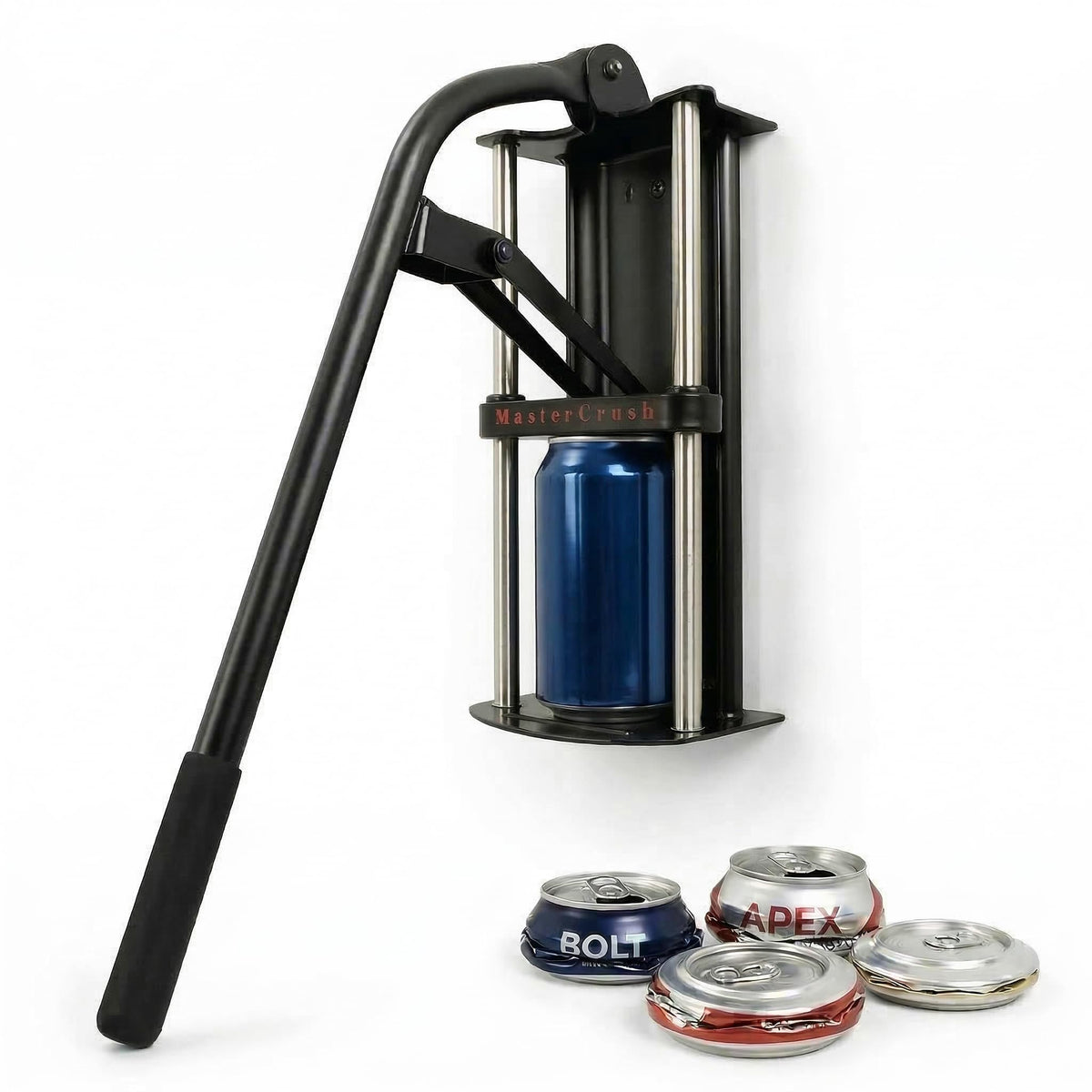 MasterCrush front view showing wall-mounted crusher and sturdy frame for durability