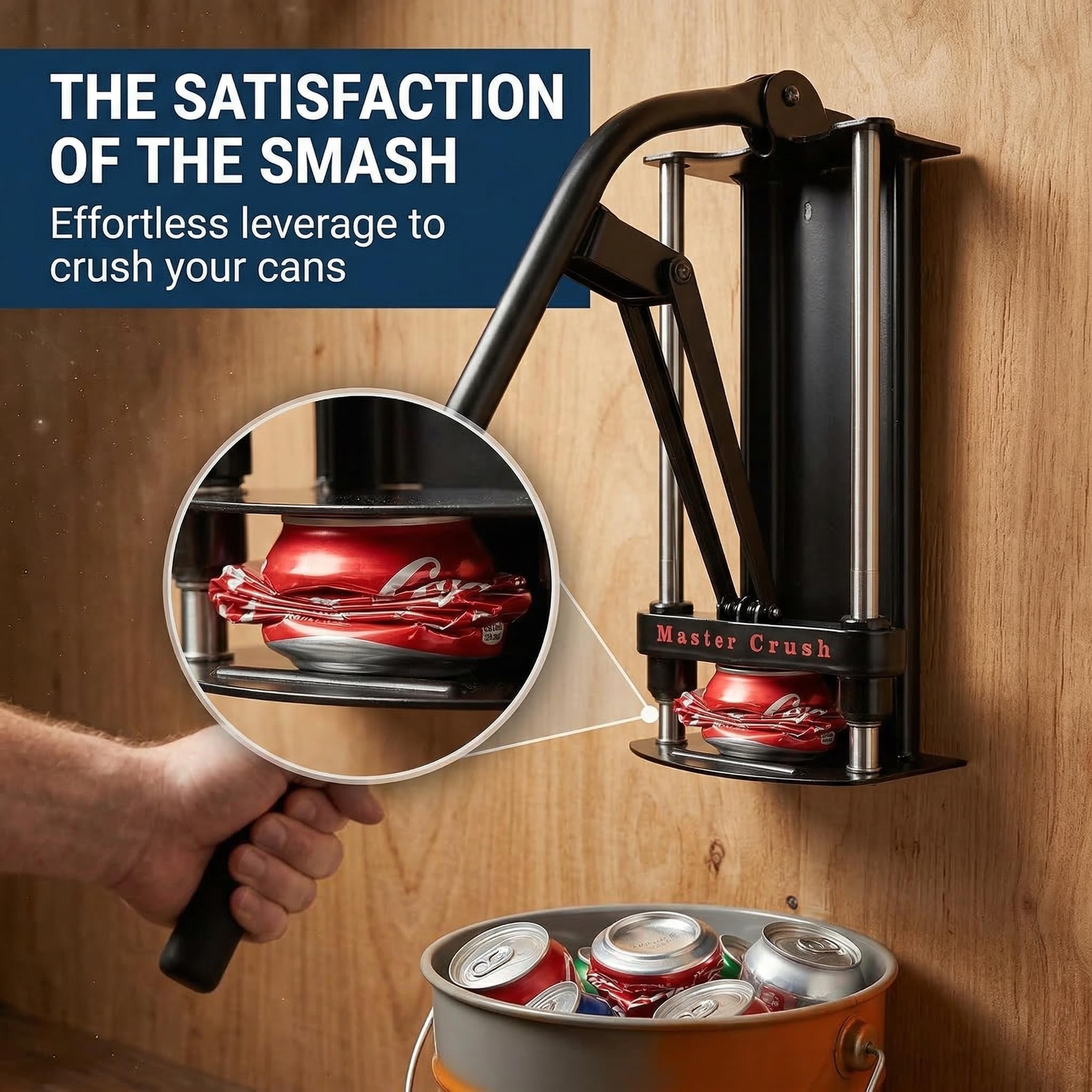 MasterCrush next to a hand to show scale and compact vertical footprint