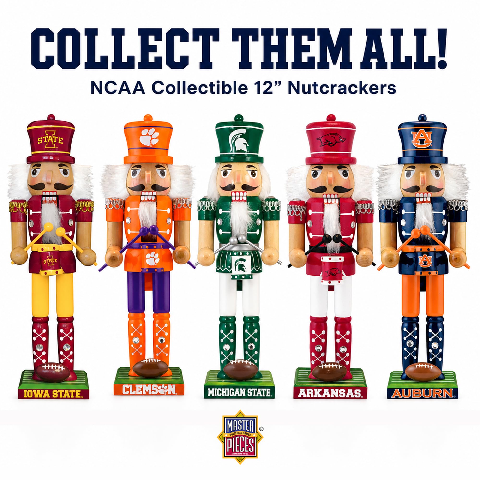 Masterpieces Texas A&M nutcracker styled on mantel with holiday décor to show festive use