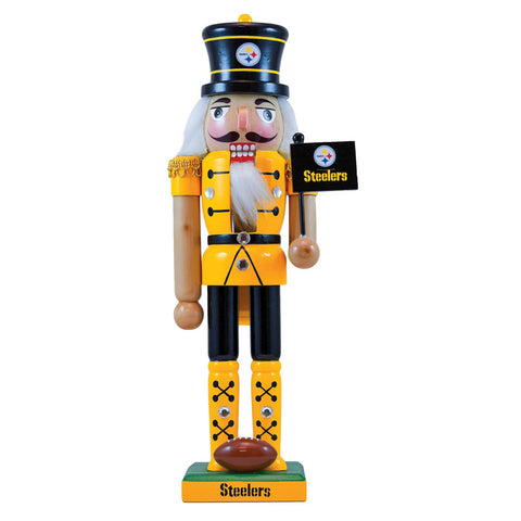 MasterPieces Pittsburgh Steelers nutcracker front view showing team colors and football prop for display