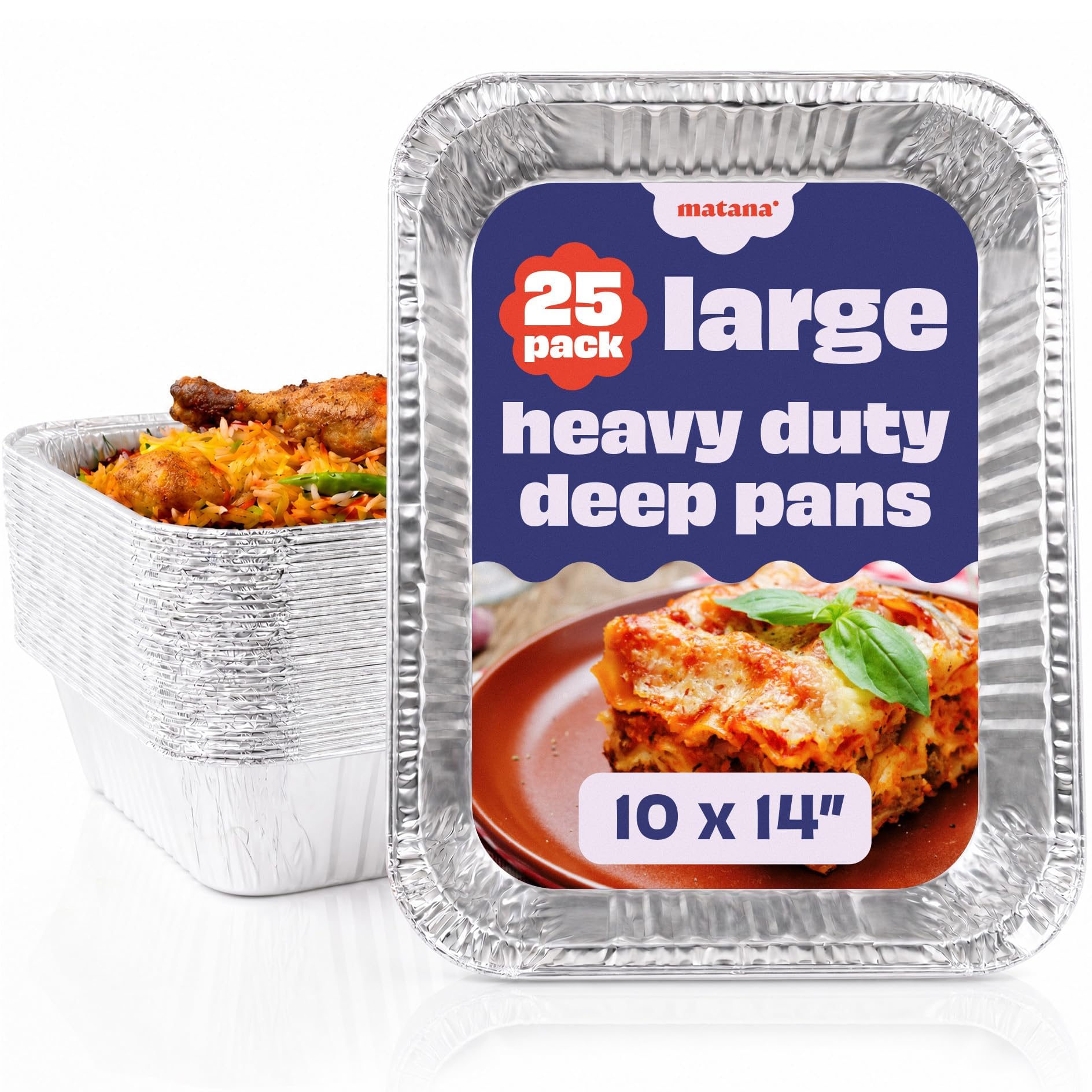 MATANA front view of 25-pack foil pans showing quantity and benefit of convenience