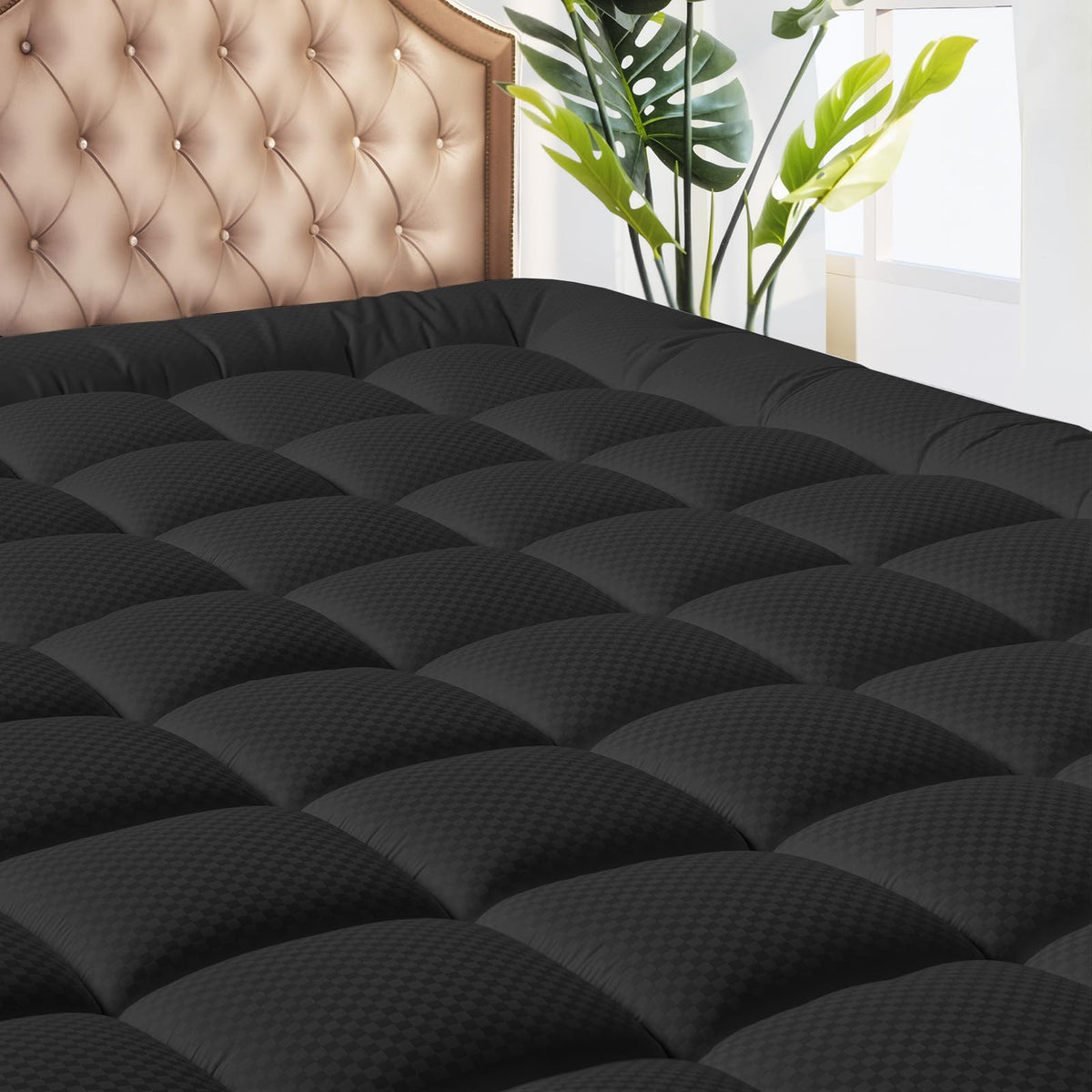 MATBEBY front view of queen mattress pad showing sleek black finish and fit
