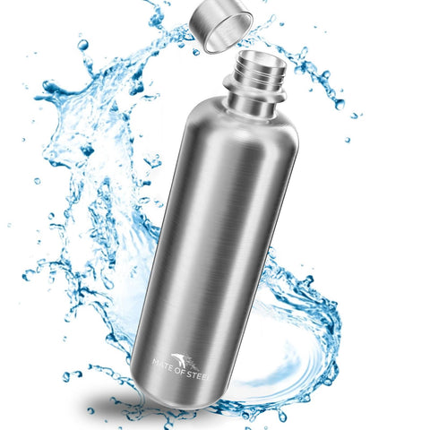 MATE OF STEEL front view silver bottle showing sleek finish and durable build benefit