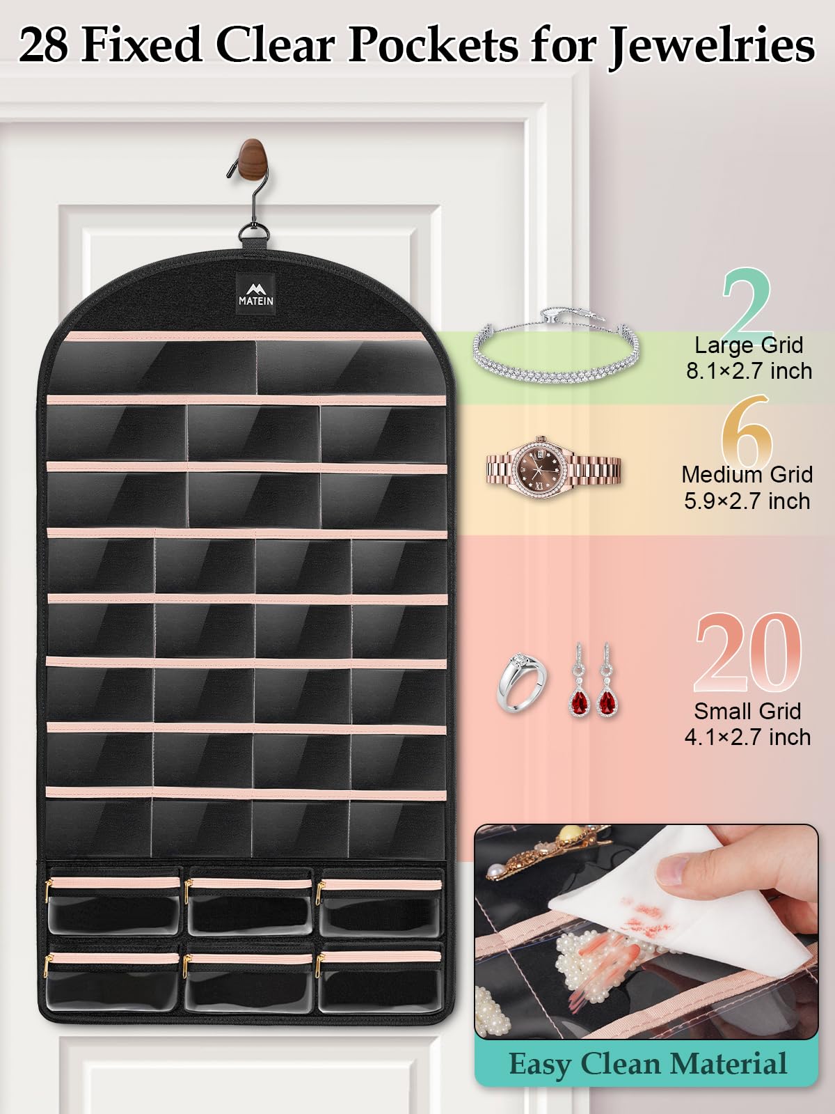 MATEIN clear PVC pocket detail keeping jewelry dust-free and visible benefit