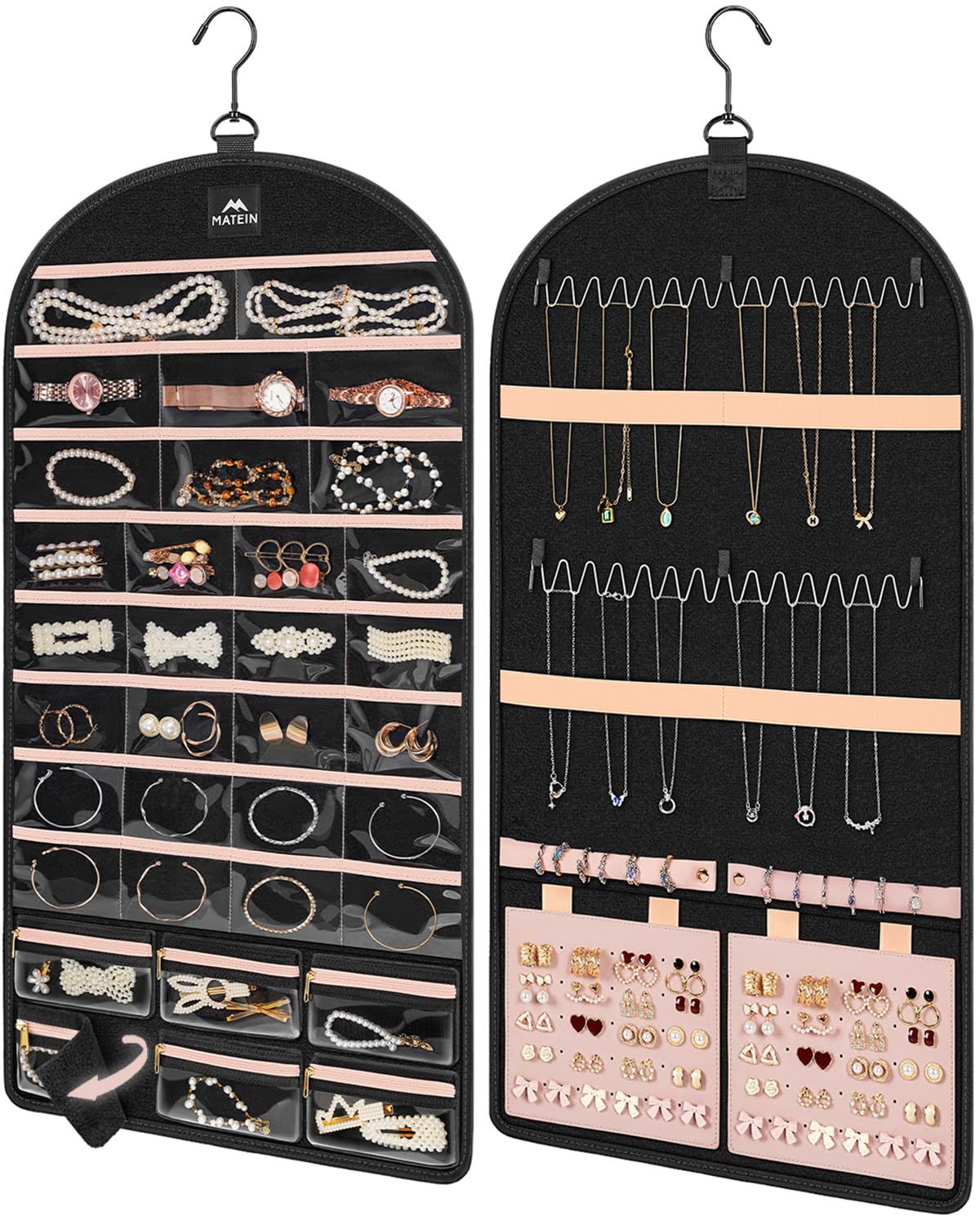MATEIN front view of hanging organizer showing visible neat jewelry storage benefit