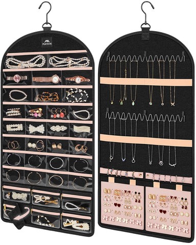 MATEIN front view of hanging organizer showing visible neat jewelry storage benefit