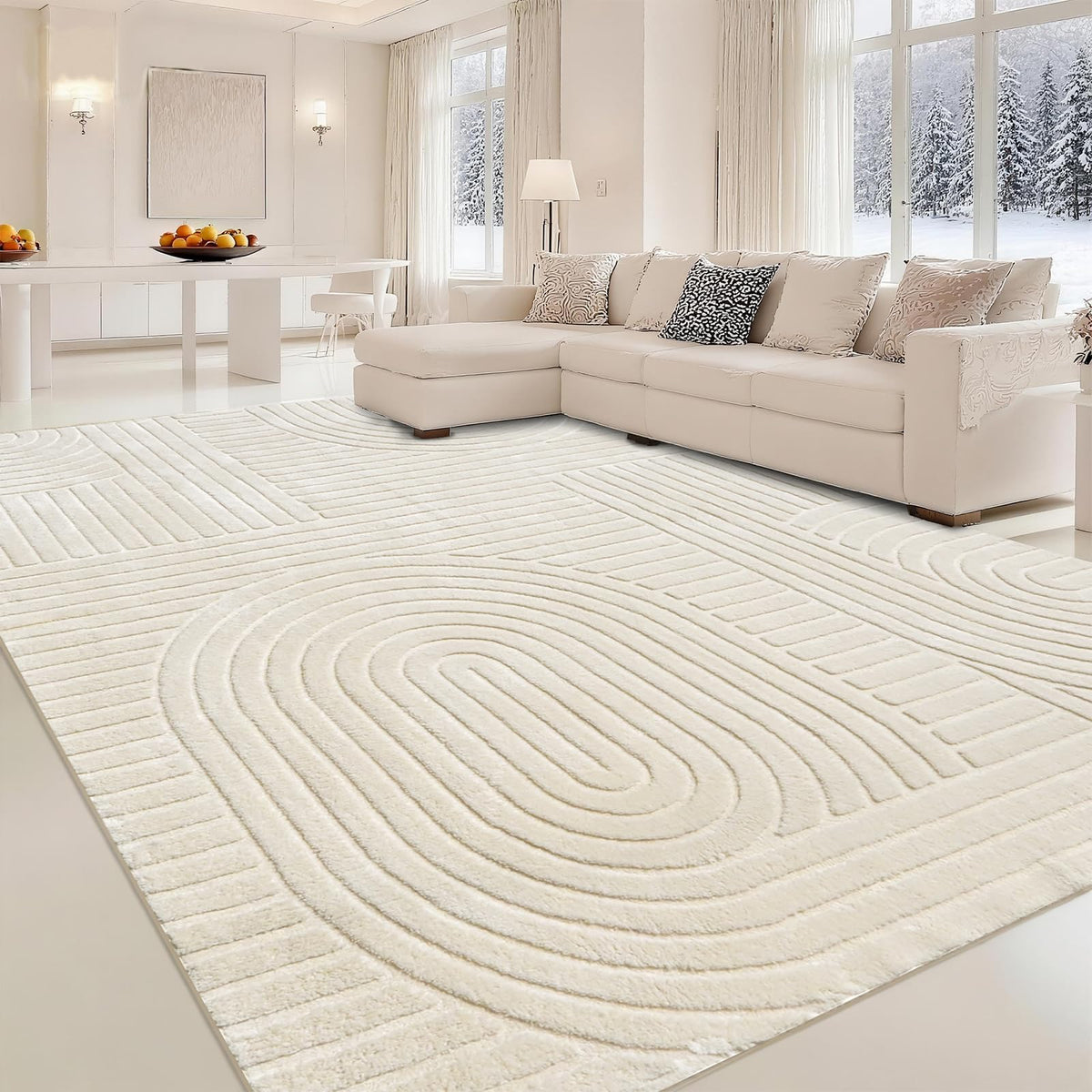 MATIIUI beige area rug front view shows neutral tone and modern look