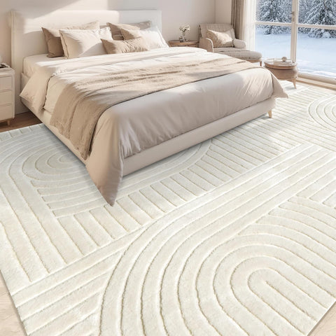 MATIIUI rug beside sofa demonstrating true 8x10 size and scale