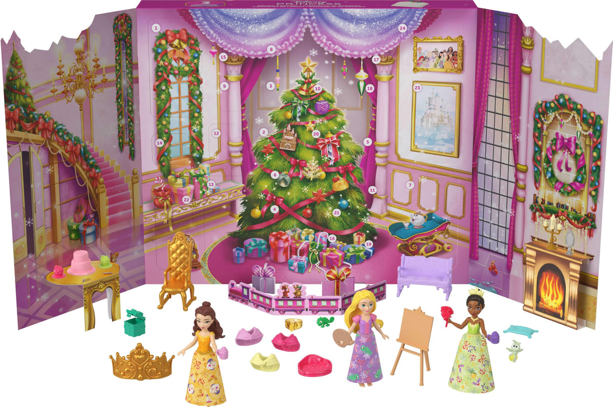 Mattel Disney Princess front packaging showing 24-day calendar and festive artwork