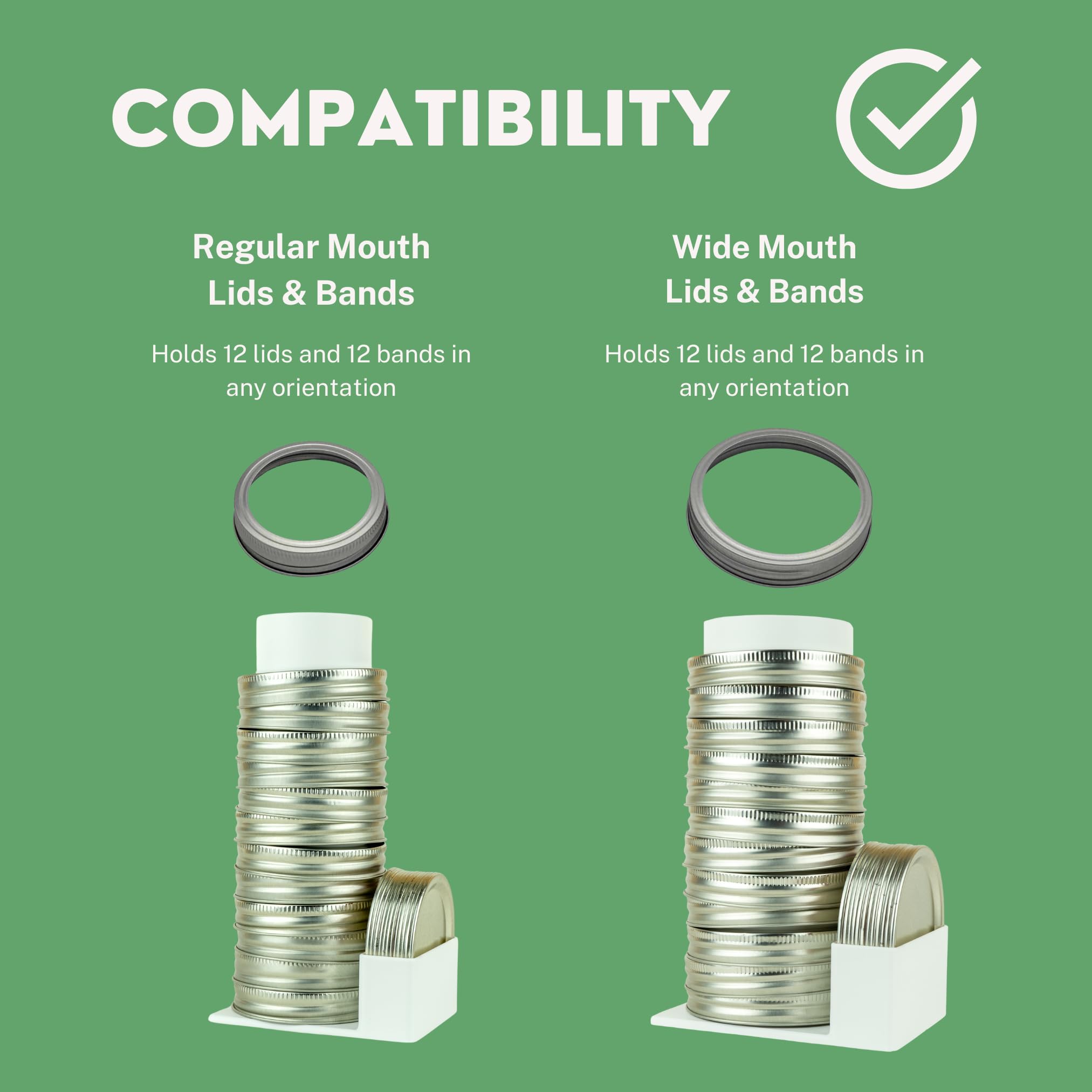 matterform regular-mouth rack filled with lids and rings for organized canning