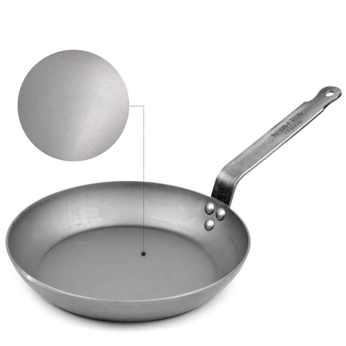 Mauviel M'Steel front view showing pan shape and cooking surface benefit