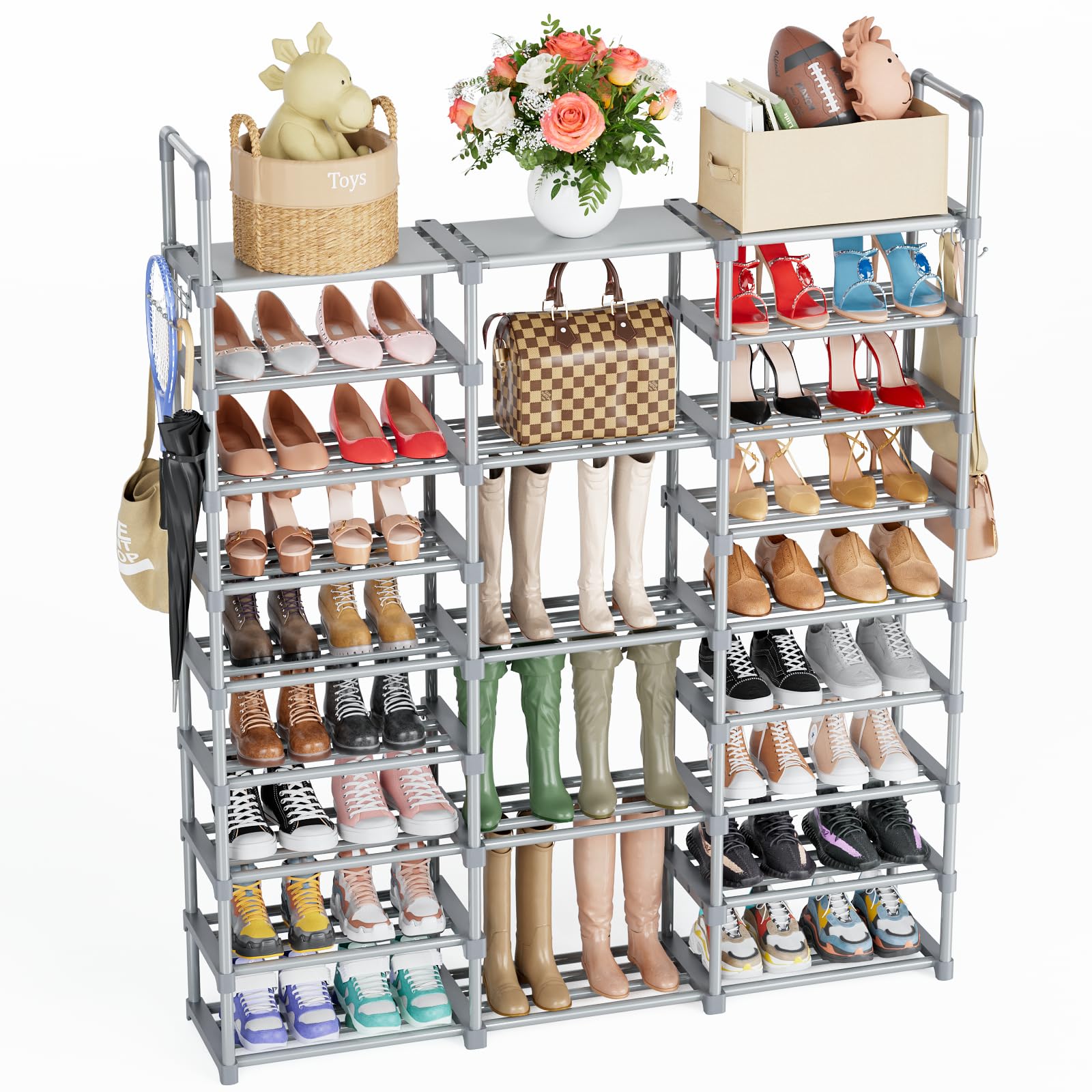 Mavivegue front view of tall shoe rack showing compact vertical storage benefit