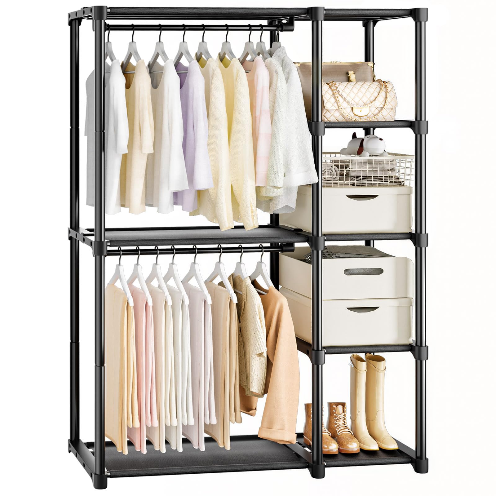 Mavivegue front view showing full hanging rod and four shelves for maximum storage