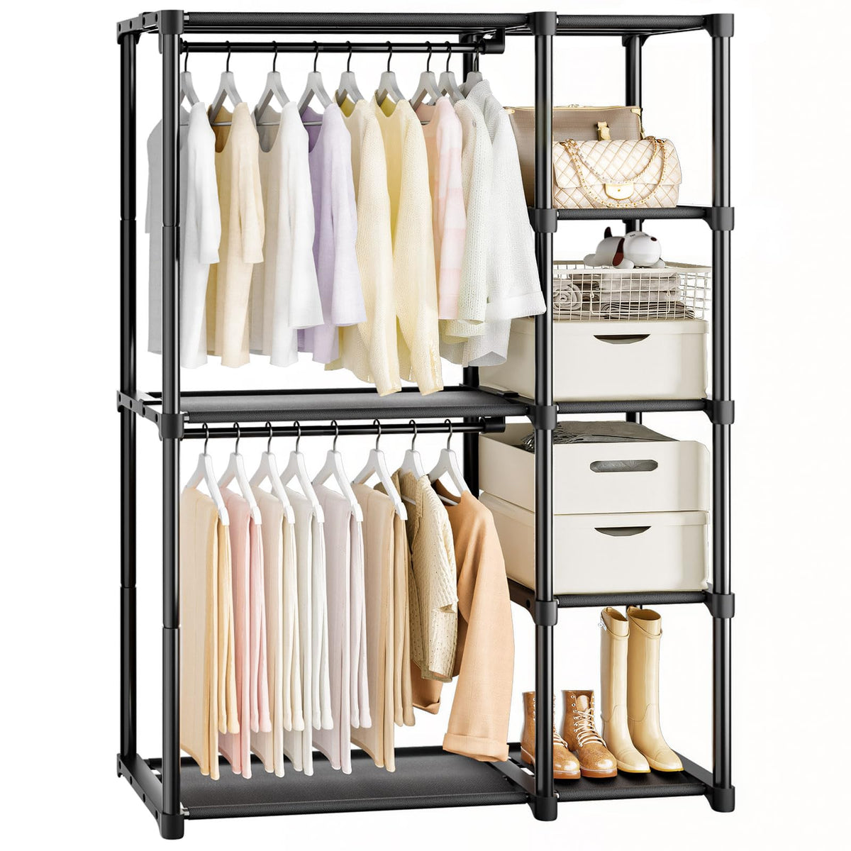Mavivegue front view showing full hanging rod and four shelves for maximum storage