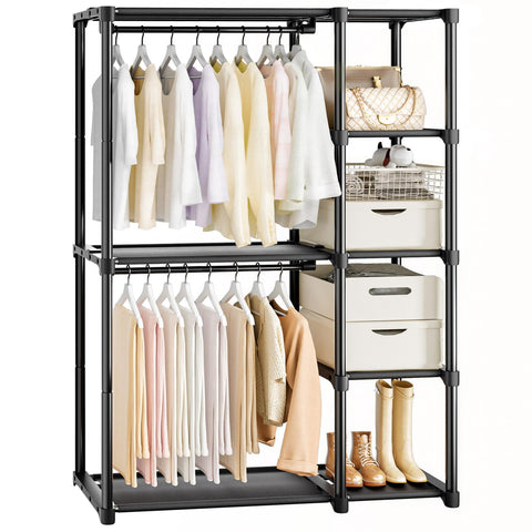 Mavivegue front view showing full hanging rod and four shelves for maximum storage