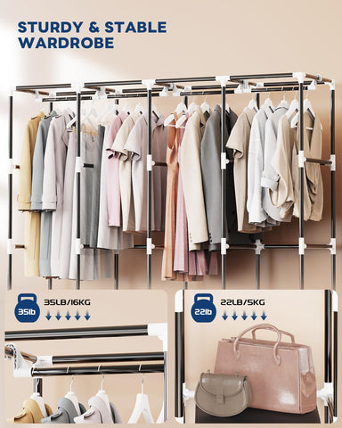 Mavivegue hanging rods loaded with coats showing distributed weight support