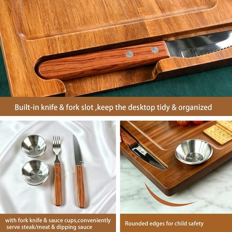 MAVOTER board with two stainless-steel ramekins holding sauces to enhance flavor options