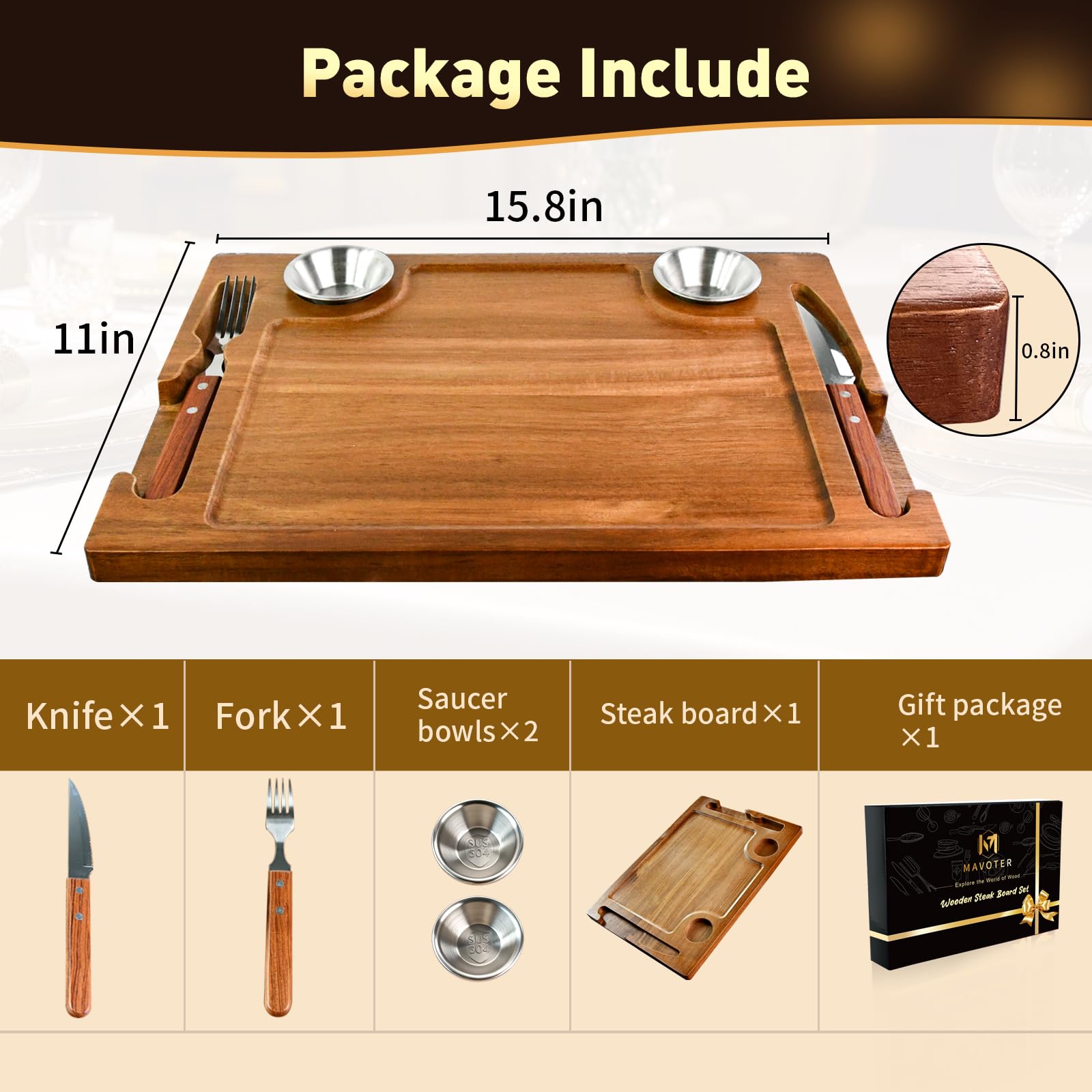 MAVOTER plated steak on board in a dining setting for restaurant-style presentation at home